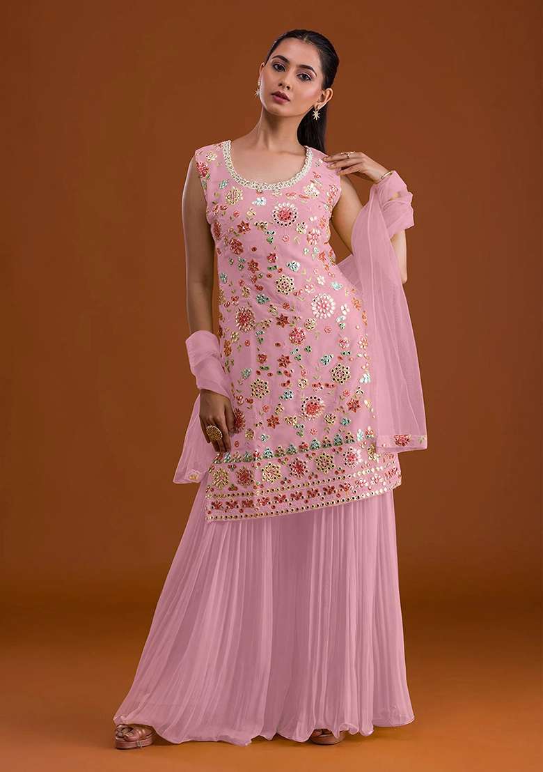 Pink Embroidered Georgette Sharara Set - Indya