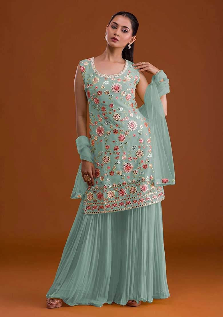 Sky Embroidered Georgette Sharara Set - Indya
