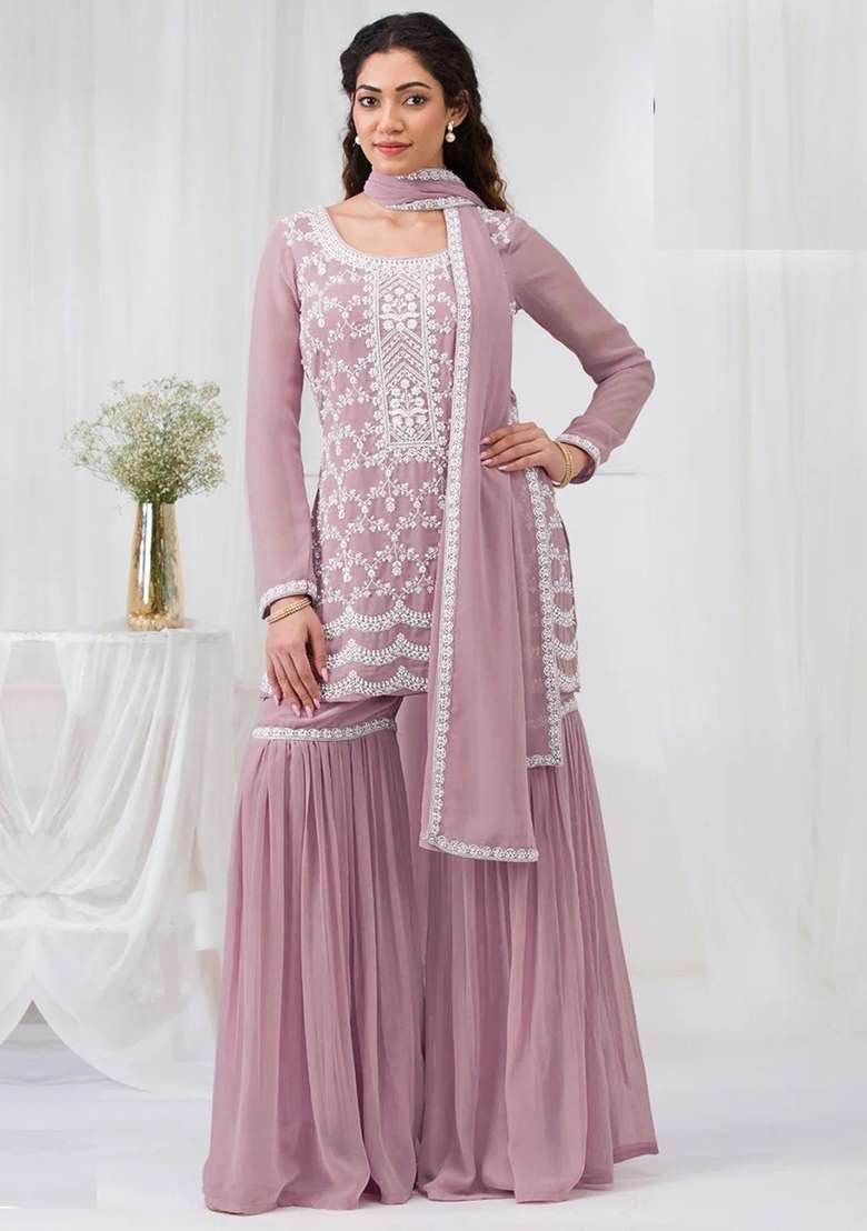 Pink Chikankari Georgette Sharara Set - Indya