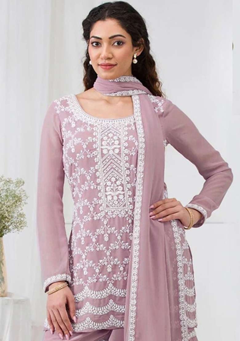 Pink Chikankari Georgette Sharara Set - Indya