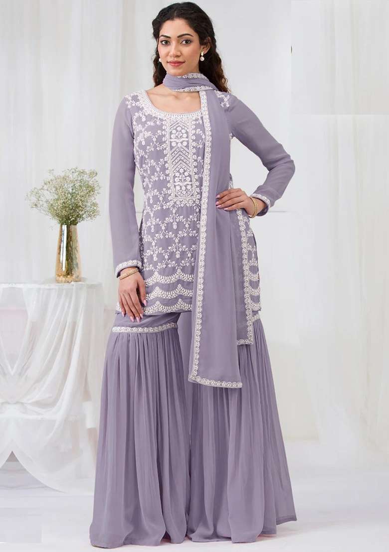 Lavender Embroidered Georgette Sharara Set - Indya