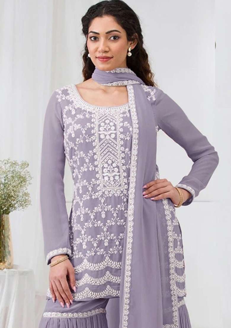 Lavender Embroidered Georgette Sharara Set - Indya