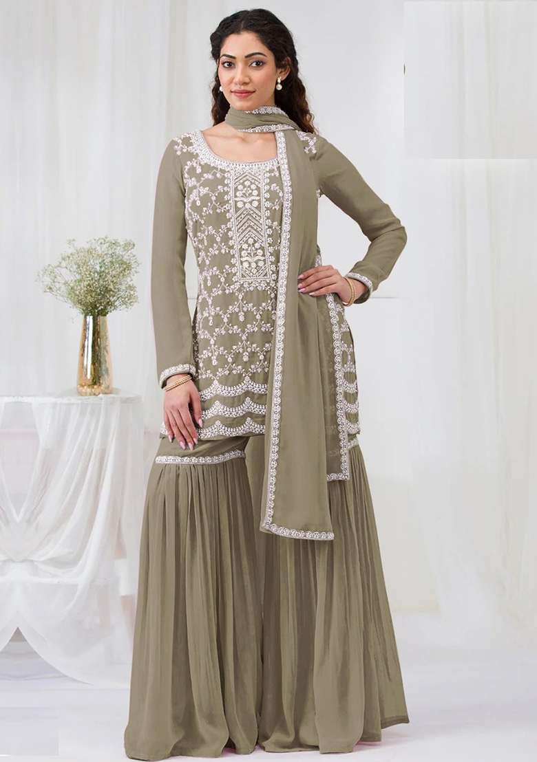 Green Embroidered Georgette Sharara Set - Indya