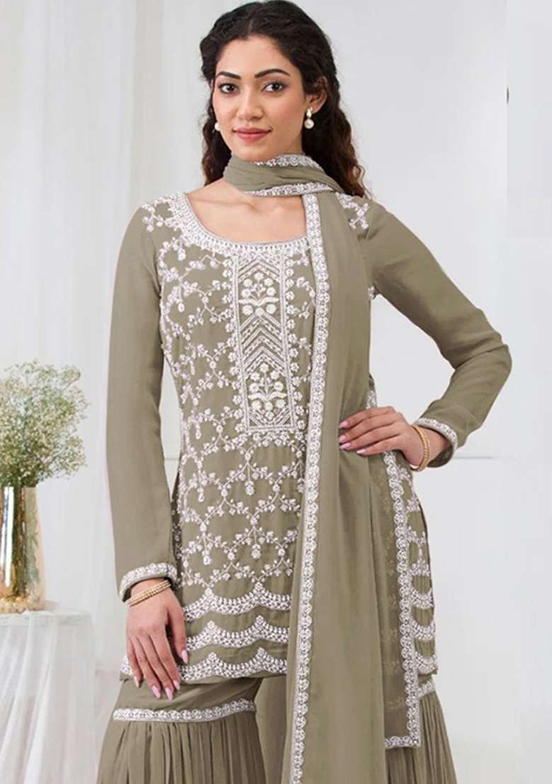 Green Embroidered Georgette Sharara Set - Indya