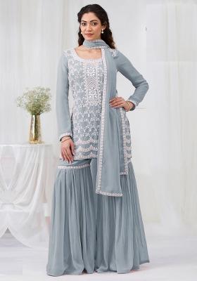 Grey Blue Embroidery Georgette Plazzo Salwar Suit