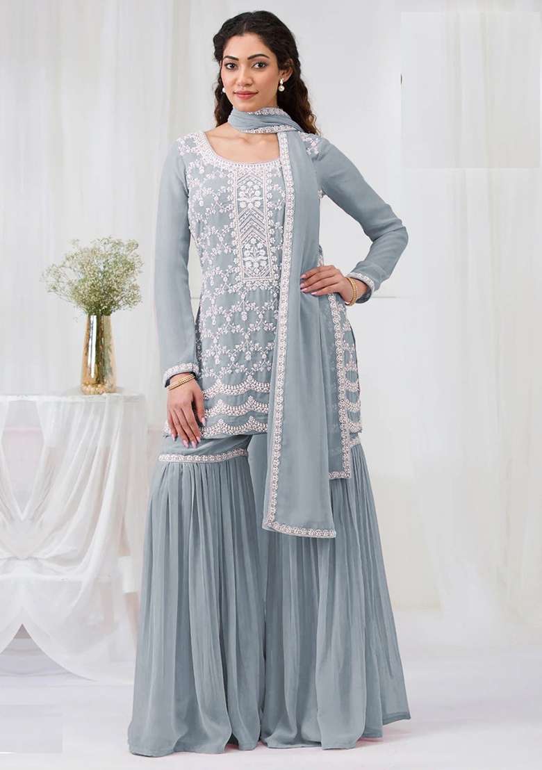 Grey Blue Embroidered Georgette Sharara Set - Indya