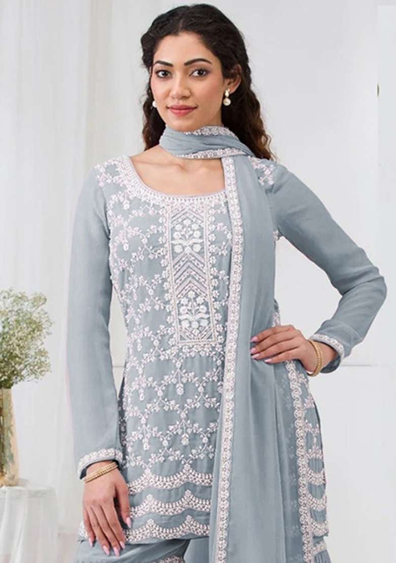 Grey Blue Embroidered Georgette Sharara Set - Indya