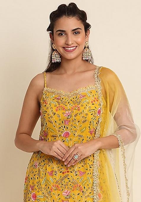 Mustard Embroidery Georgette Sharara Set