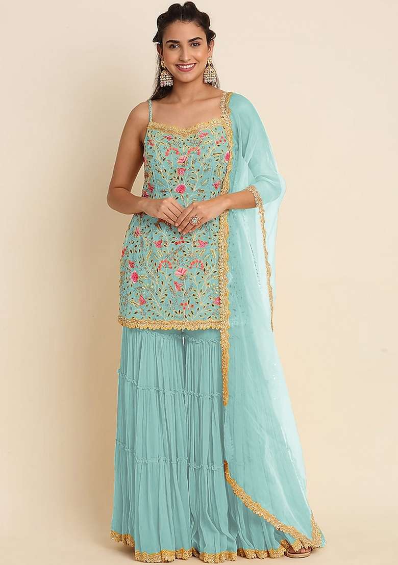 Blue Embroidery Georgette Sharara Set - Indya