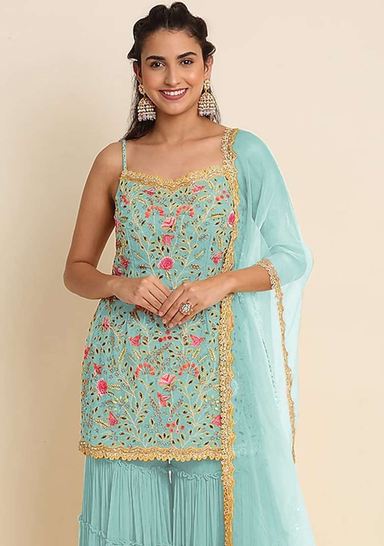 Blue Embroidery Georgette Sharara Set - Indya