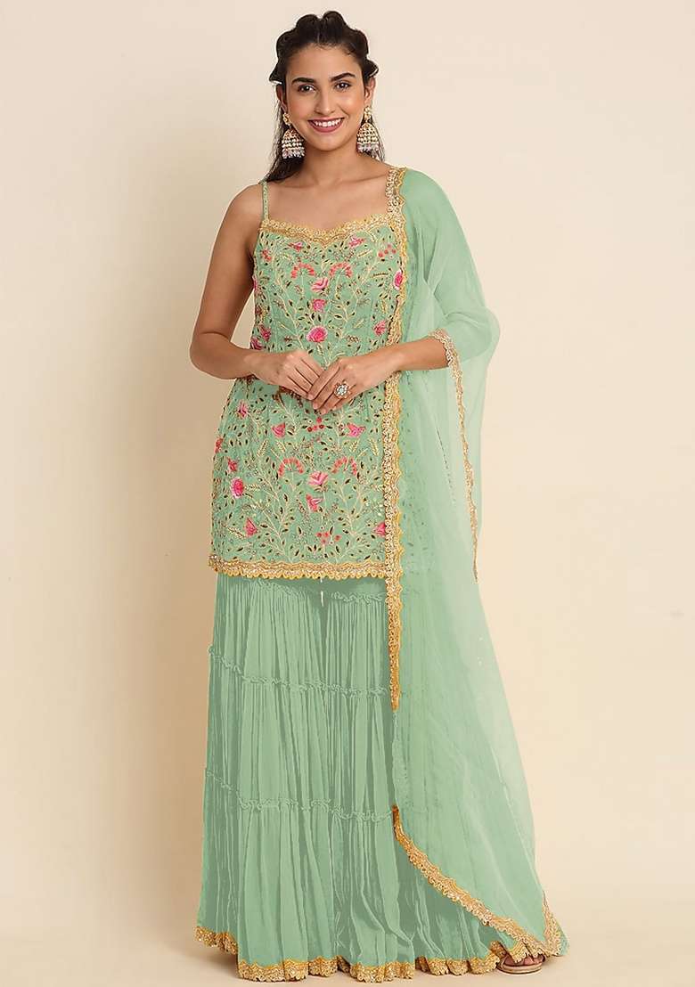 White Embroidery Georgette Sharara Set - Indya
