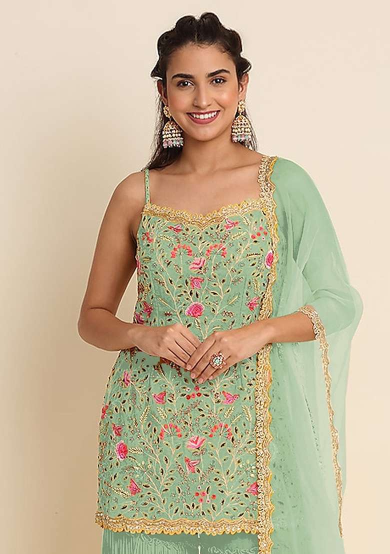 White Embroidery Georgette Sharara Set - Indya