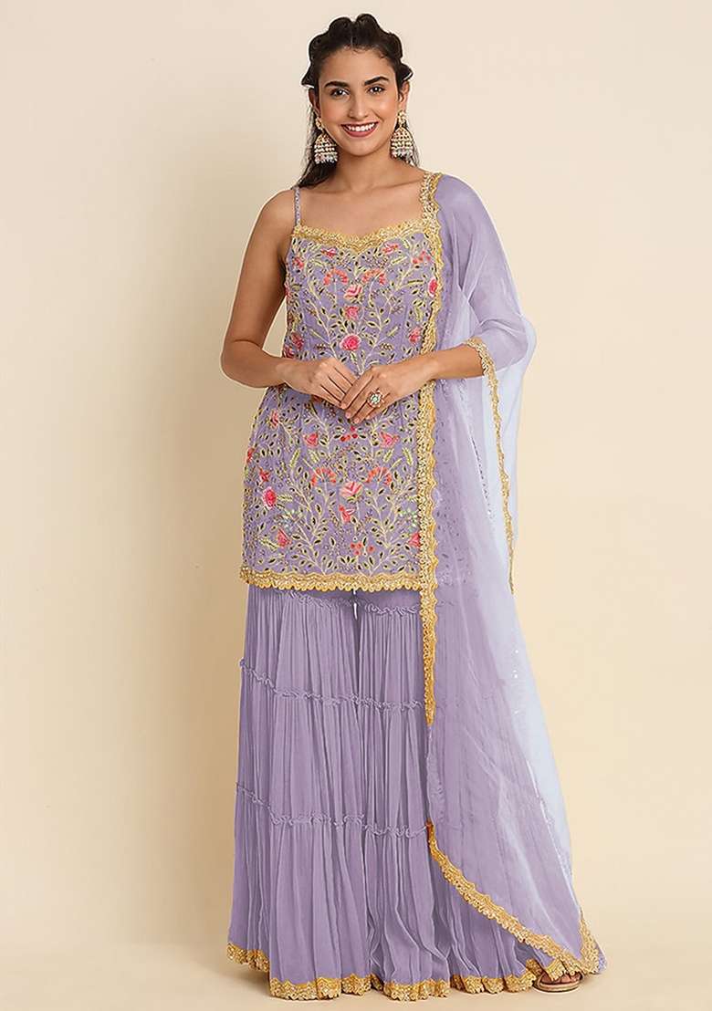 Purple Embroidery Georgette Sharara Set - Indya
