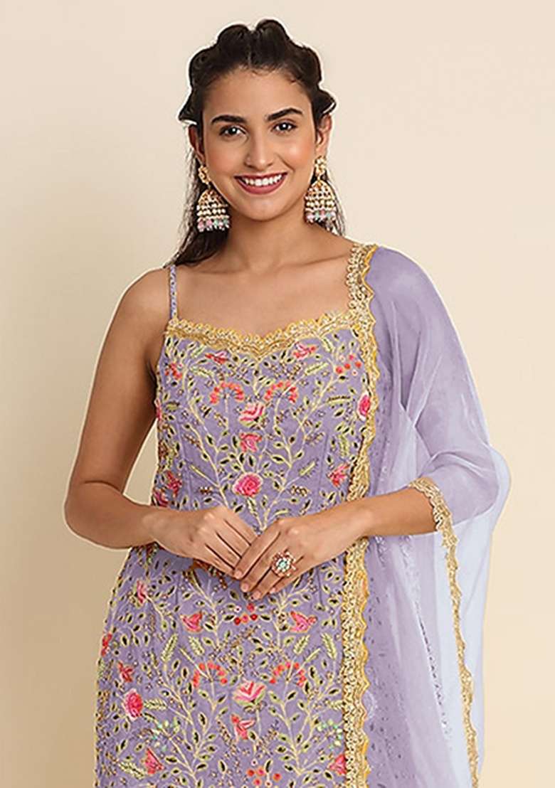 Purple Embroidery Georgette Sharara Set - Indya