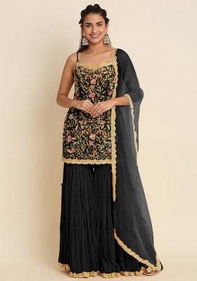 Black Embroidery Georgette Sharara Set