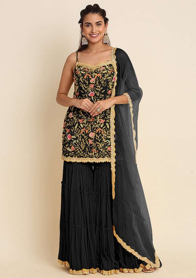 Black Embroidery Georgette Sharara Set - Indya