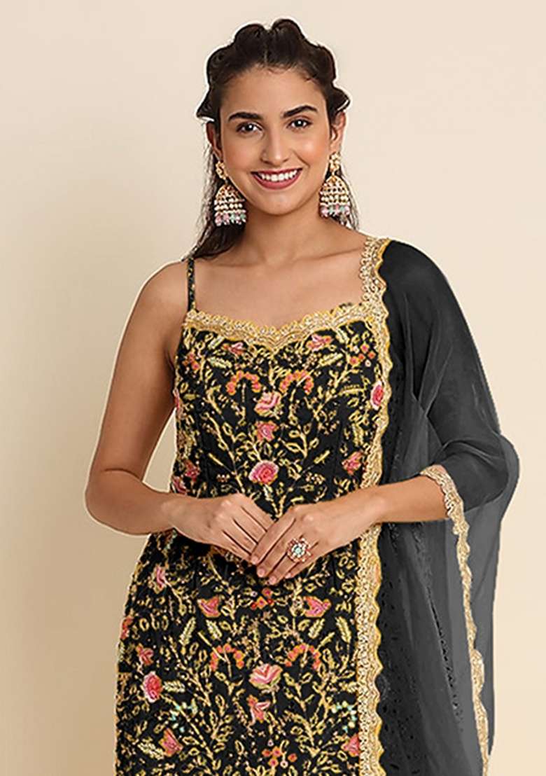 Black Embroidery Georgette Sharara Set - Indya