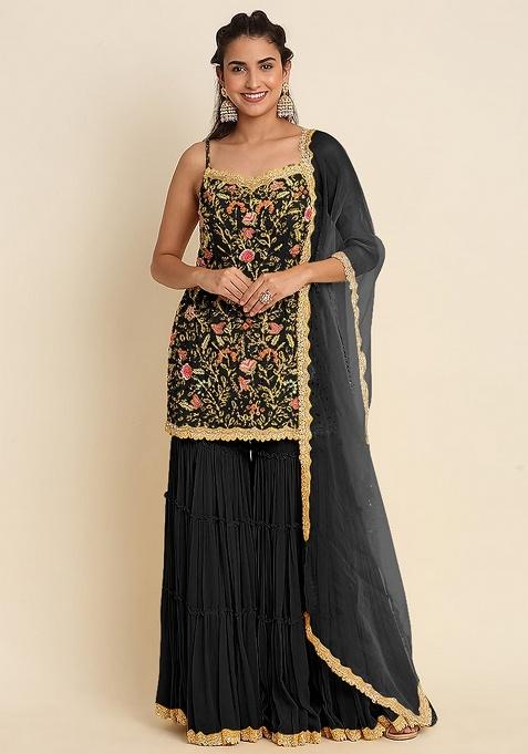 Black Embroidery Georgette Sharara Set