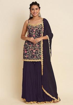 Dark Purple Embroidery Georgette Sharara Set