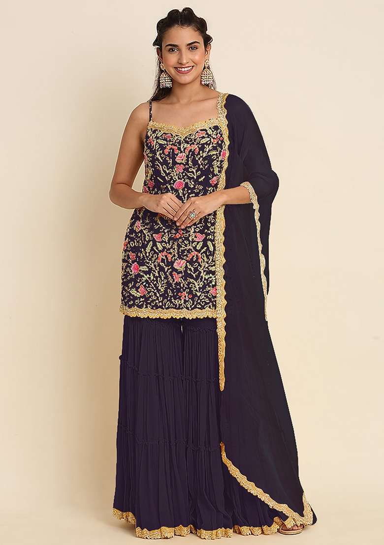 Dark Purple Embroidery Georgette Sharara Set - Indya