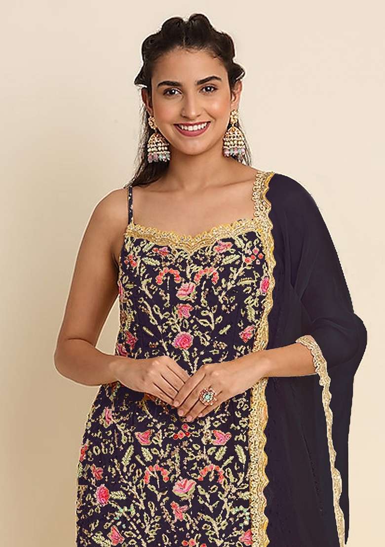Dark Purple Embroidery Georgette Sharara Set - Indya