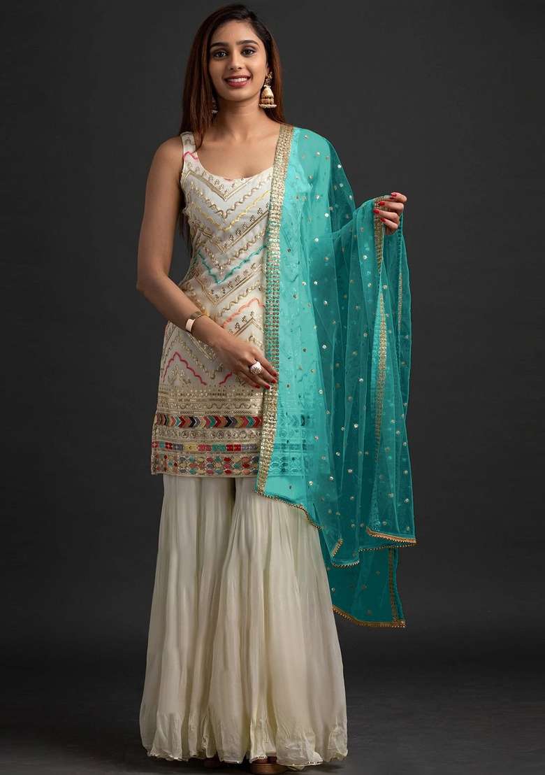 White Embroidery Georgette Sharara Set - Indya