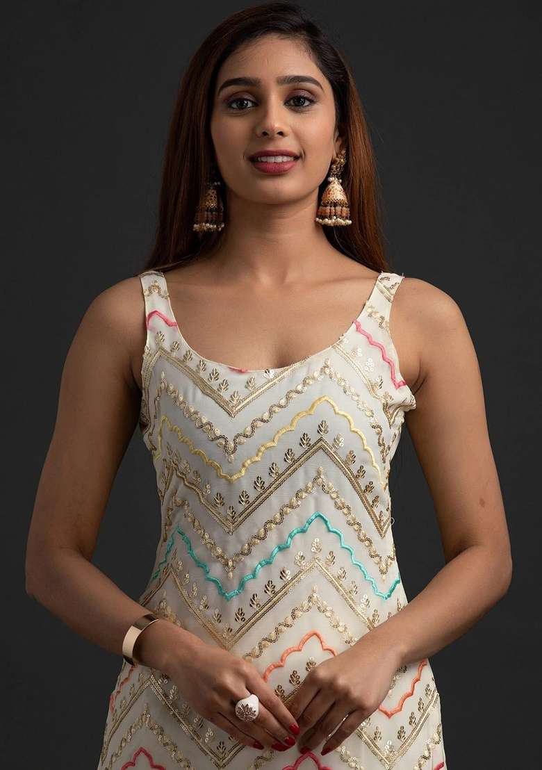 White Embroidery Georgette Sharara Set - Indya
