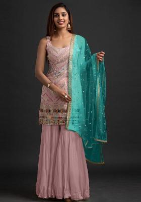 Peach Embroidery Georgette Sharara Set