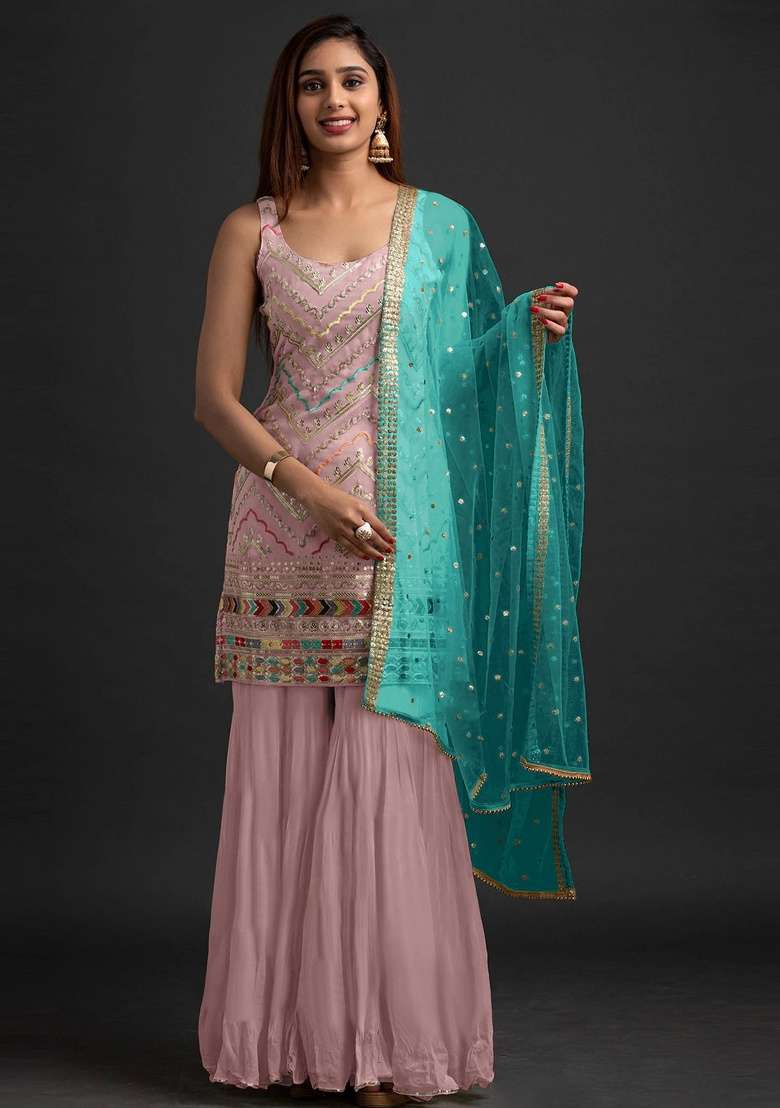 Peach Embroidery Georgette Sharara Set - Indya