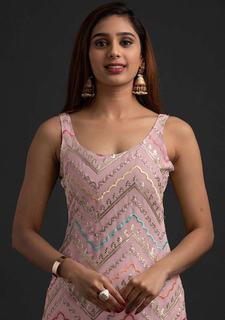 Peach Embroidery Georgette Sharara Set - Indya