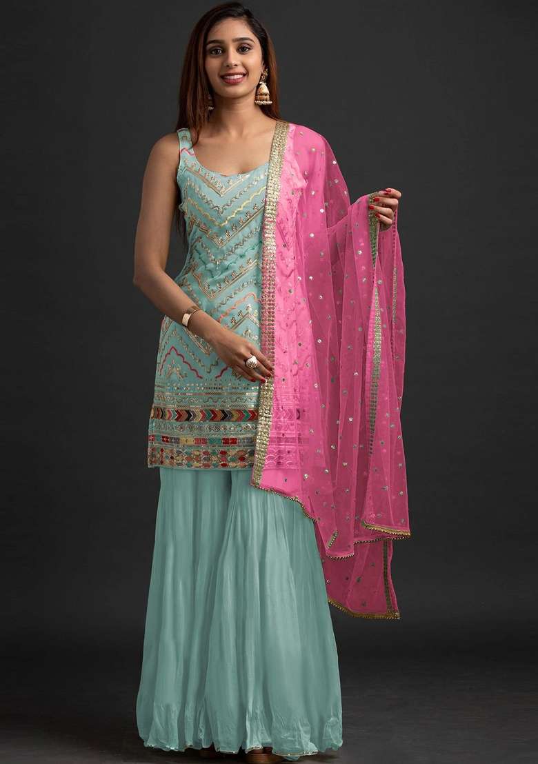 Green Embroidery Georgette Sharara Set - Indya