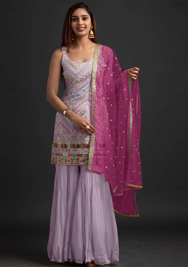 Purple Embroidery Georgette Sharara Set - Indya