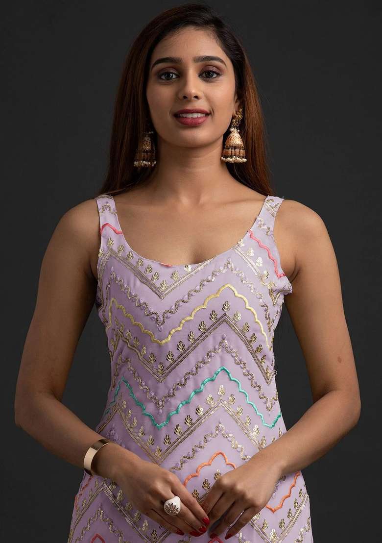 Purple Embroidery Georgette Sharara Set - Indya
