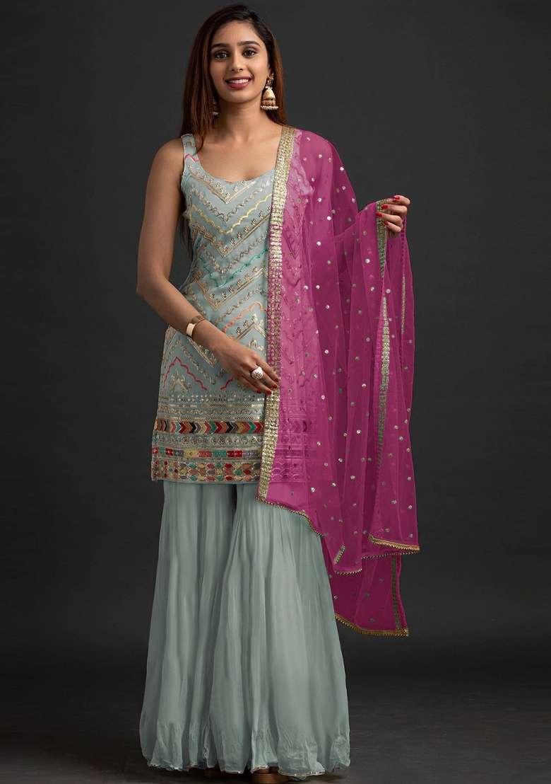 Grey Embroidery Georgette Sharara Set - Indya