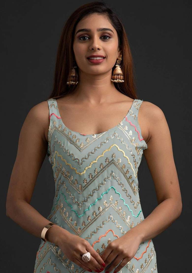 Grey Embroidery Georgette Sharara Set - Indya
