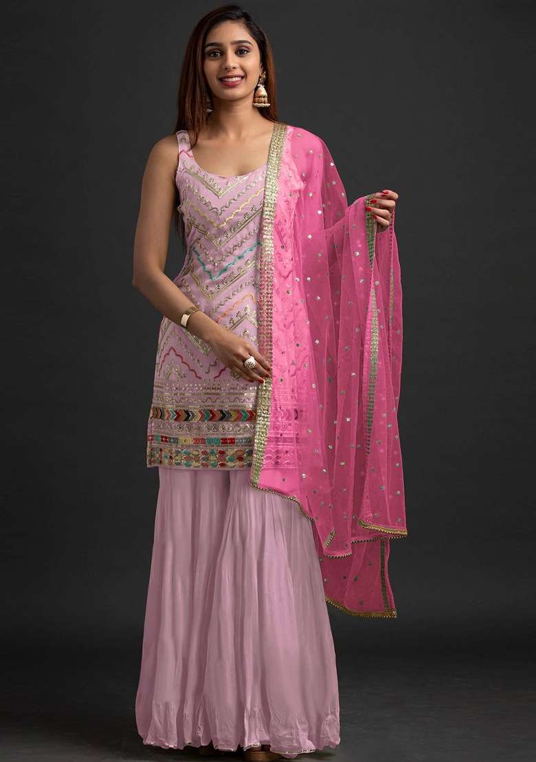 Pink Embroidery Georgette Sharara Set - Indya