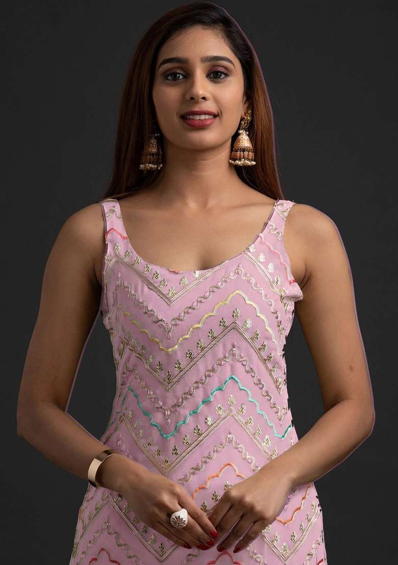 Pink Embroidery Georgette Sharara Set - Indya