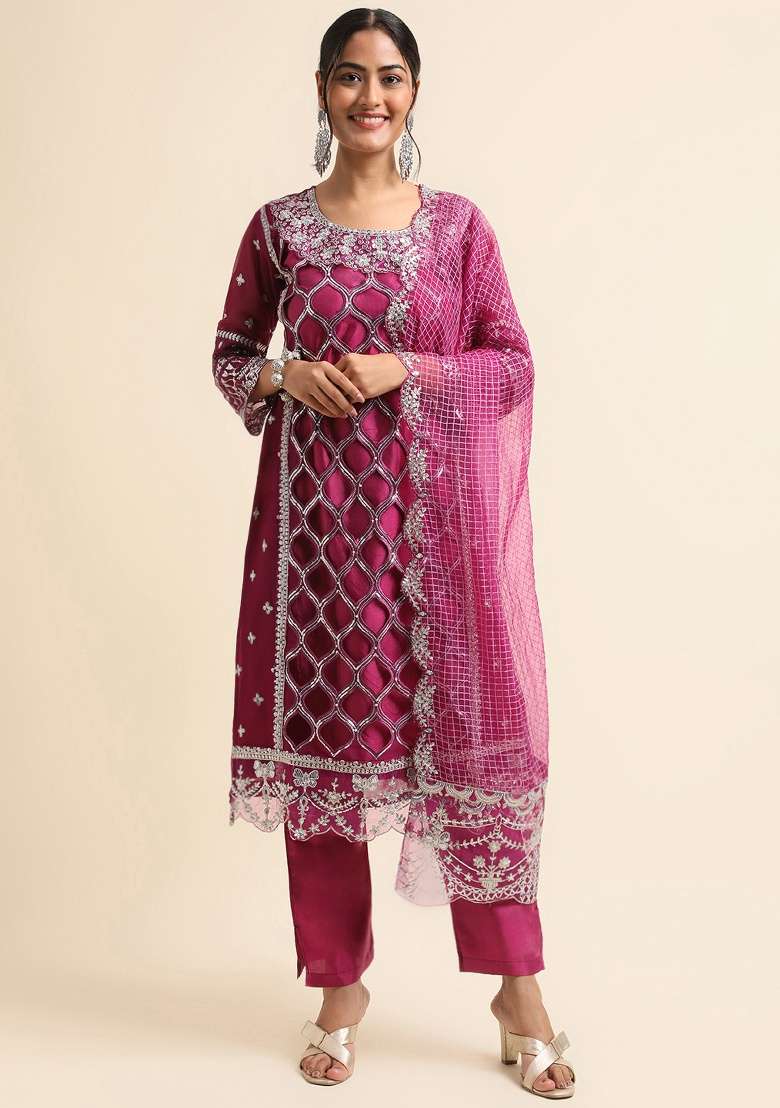 Wine Embroidery Faux Georgette Salwar Kameez - Indya