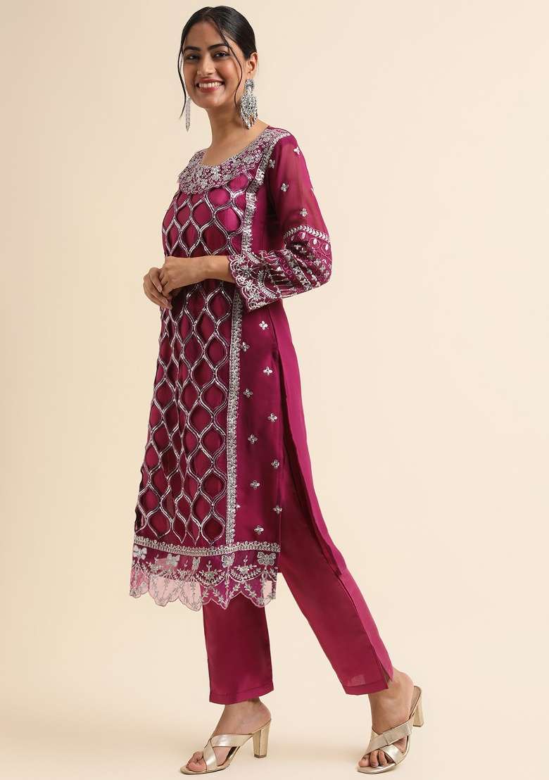 Wine Embroidery Faux Georgette Salwar Kameez - Indya