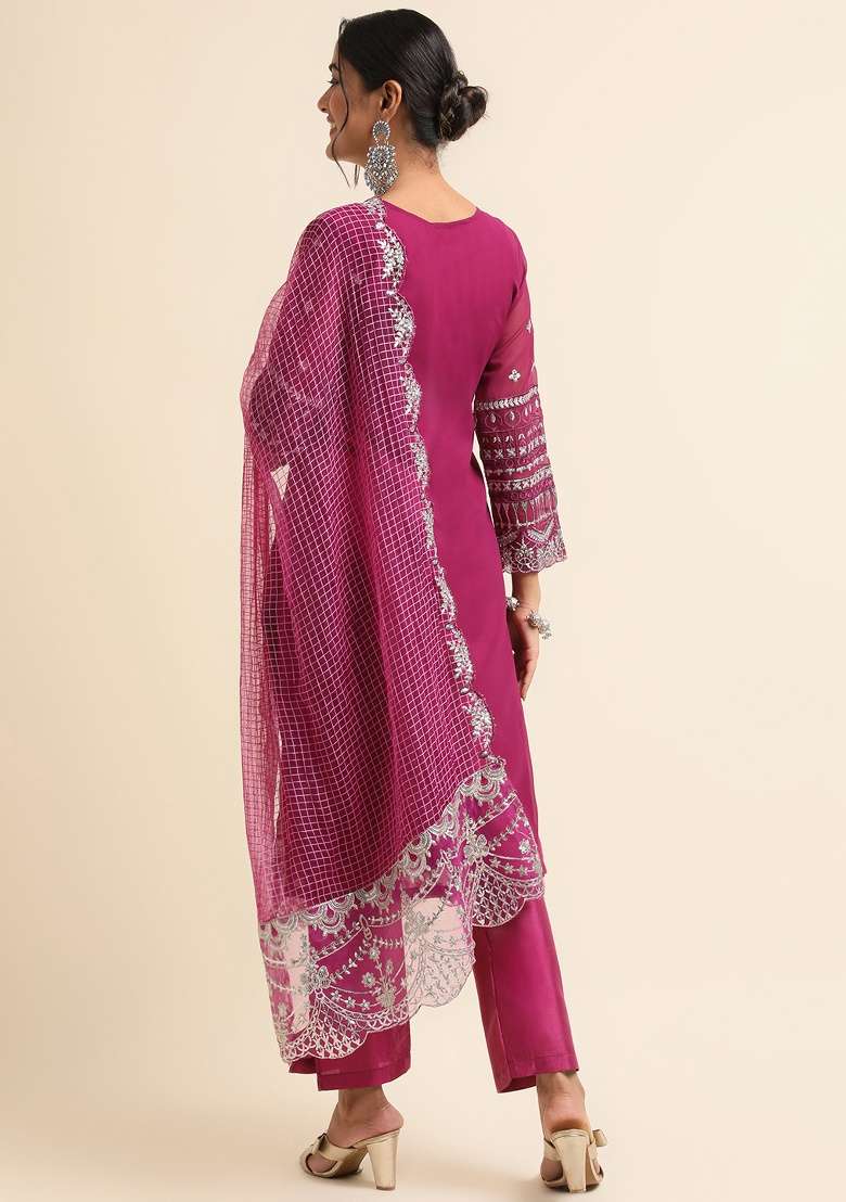 Wine Embroidery Faux Georgette Salwar Kameez - Indya