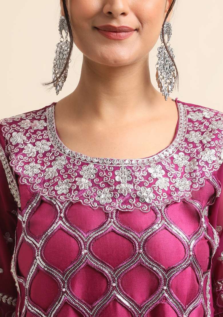 Wine Embroidery Faux Georgette Salwar Kameez - Indya
