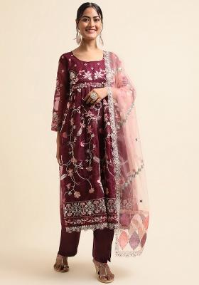 Wine Embroidery Organza Salwar Kameez