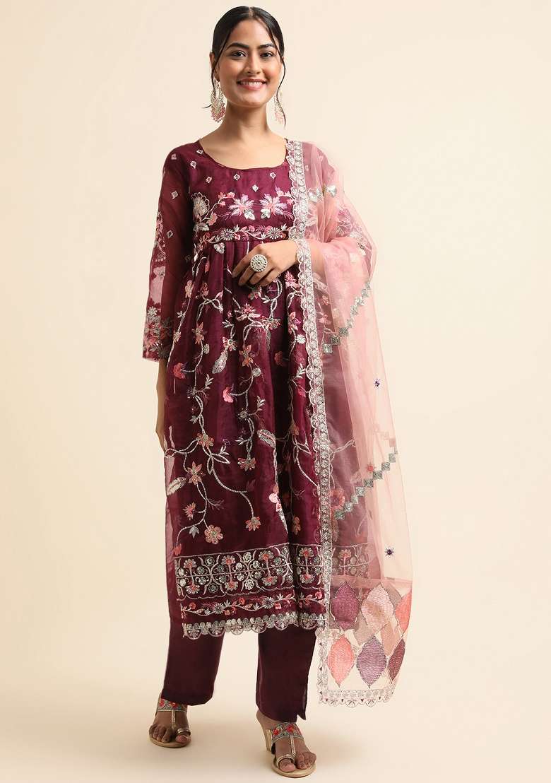 Wine Embroidery Organza Salwar Kameez - Indya