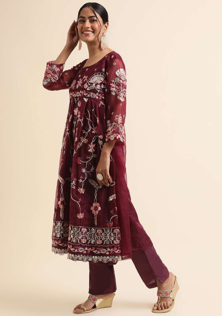 Wine Embroidery Organza Salwar Kameez - Indya