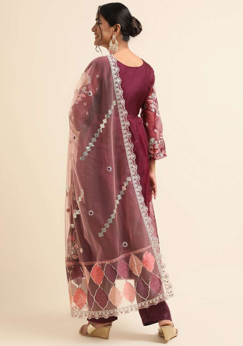 Wine Embroidery Organza Salwar Kameez - Indya