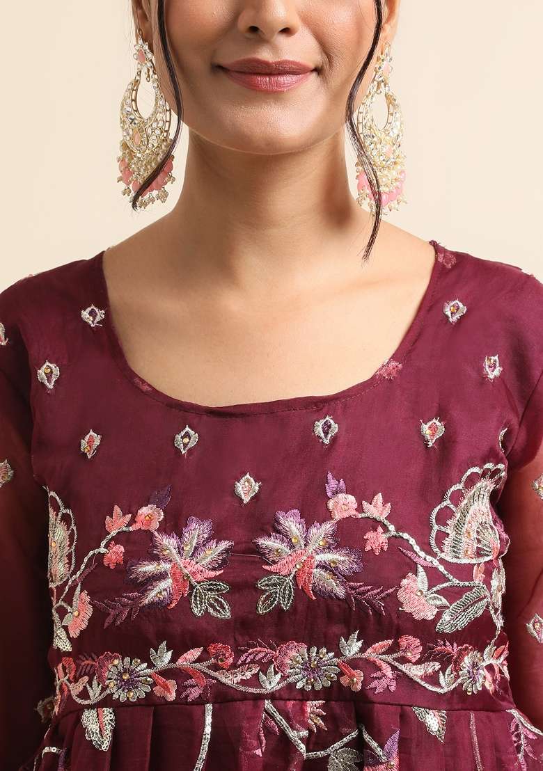 Wine Embroidery Organza Salwar Kameez - Indya