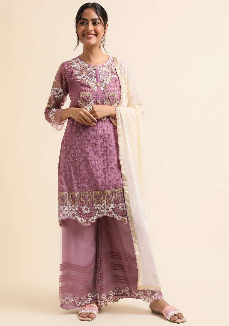 Mauve Embroidery Faux Georgette Palazzo Suit - Indya