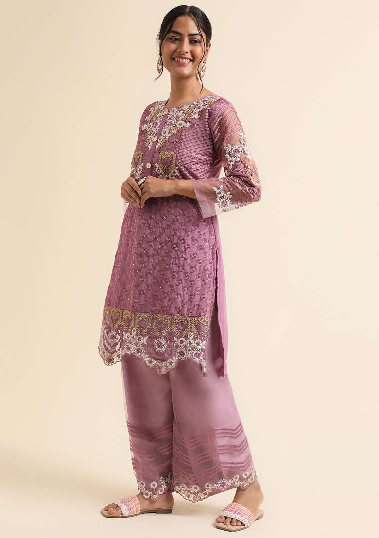 Mauve Embroidery Faux Georgette Palazzo Suit - Indya