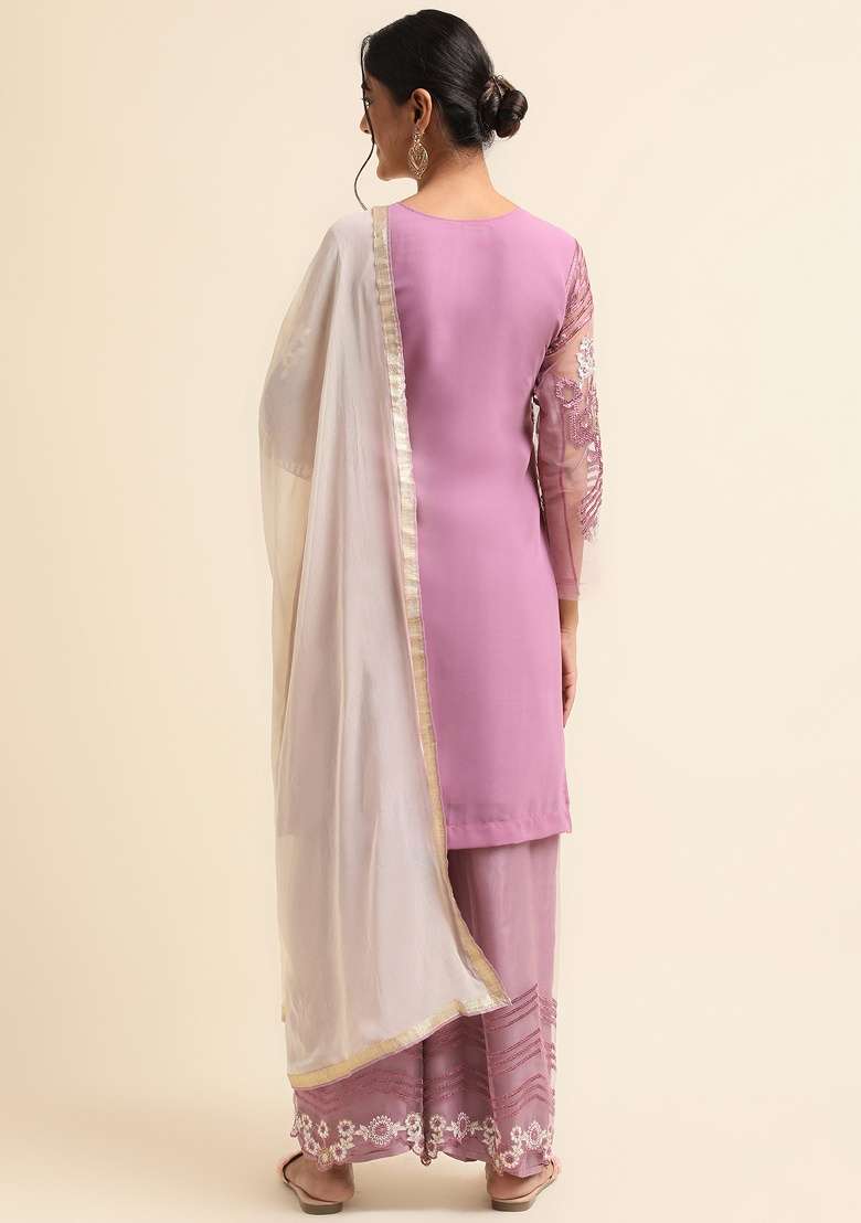 Mauve Embroidery Faux Georgette Palazzo Suit - Indya