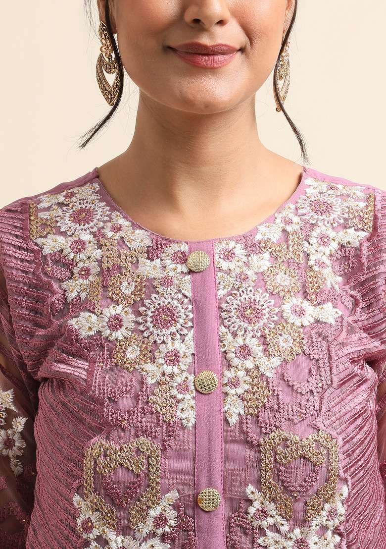 Mauve Embroidery Faux Georgette Palazzo Suit - Indya